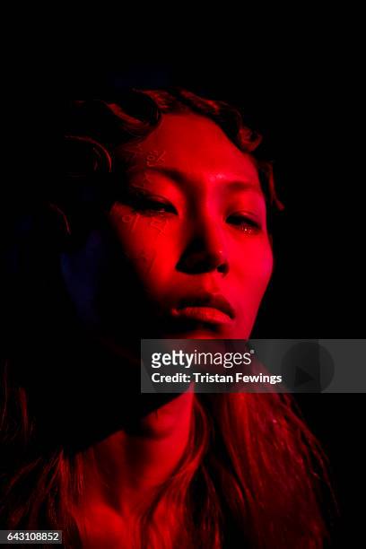 Model backstage ahead of the Haluminous presentation during the London Fashion Week February 2017 collections on February 19, 2017 in London, England.