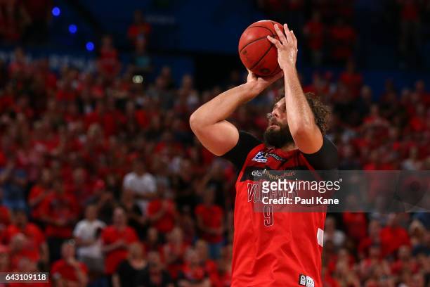 Matt Knight of the Wildcats shoots the ball during the game two NBL Semi Final match between the Perth Wildcats and Cairns Taipans at Perth Arena on...