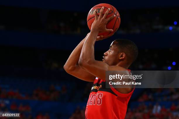 Bryce Cotton of the Wildcats shoots the ball during the game two NBL Semi Final match between the Perth Wildcats and Cairns Taipans at Perth Arena on...