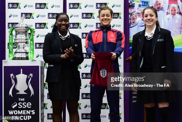 Jessica Mendes, Jemma Rose of Arsenal Ladies and Juliana Guerra draw the balls during the SSE Women's FA Cup Draw at Hornsey School for Girls on...
