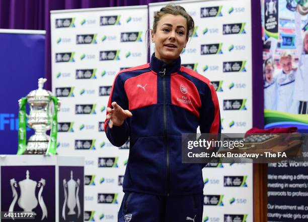 Jemma Rose of Arsenal Ladies speaks during the SSE Women's FA Cup Draw at Hornsey School for Girls on February 20, 2017 in London, England.