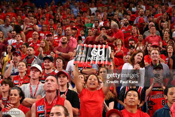 Wildcats fan shows her support during the game two NBL Semi Final match between the Perth Wildcats and Cairns Taipans at Perth Arena on February 20,...