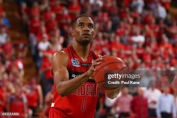 Bryce Cotton of the Wildcats prepares to shoot a free throw during the game two NBL Semi Final match between the Perth Wildcats and Cairns Taipans at...