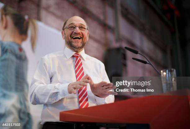 Leubeck, GERMANY Martin Schulz, the chancellor candidate of the German Social Democrats , speaks at the first event of the event series 'Zeit fuer...