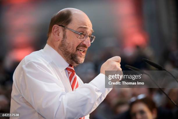 Leubeck, GERMANY Martin Schulz, the chancellor candidate of the German Social Democrats , speaks at the first event of the event series 'Zeit fuer...