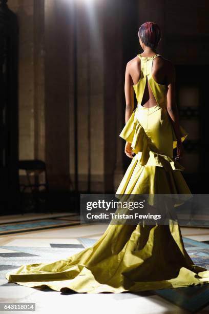 Model is seen in rehearsals ahead of the David Ferreira show during the London Fashion Week February 2017 collections on February 20, 2017 in London,...