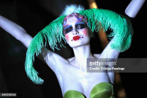 Model poses backstage ahead of the David Ferreira show during the London Fashion Week February 2017 collections on February 20, 2017 in London,...
