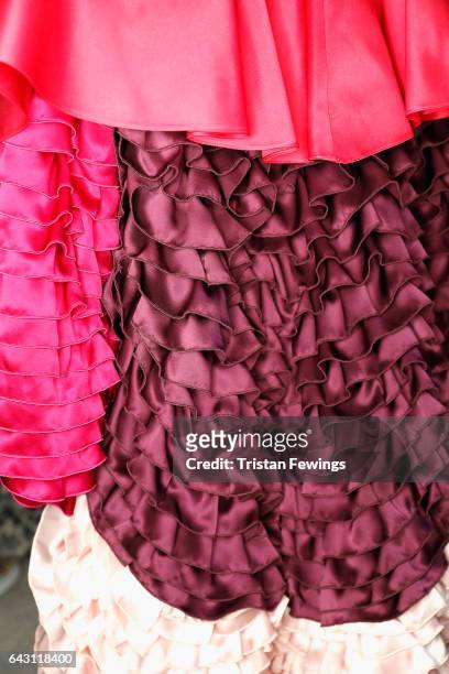 Model, dress detail, is seen backstage ahead of the David Ferreira show during the London Fashion Week February 2017 collections on February 20, 2017...