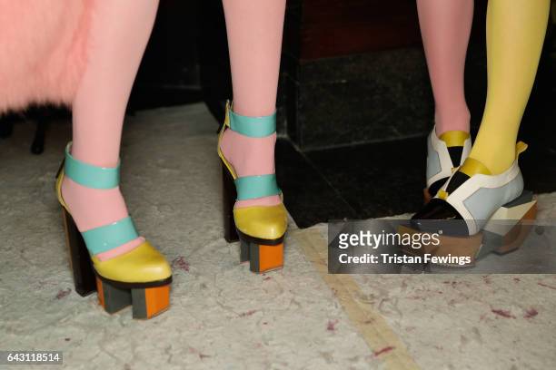 Models, shoe details, are seen backstage ahead of the David Ferreira show during the London Fashion Week February 2017 collections on February 20,...