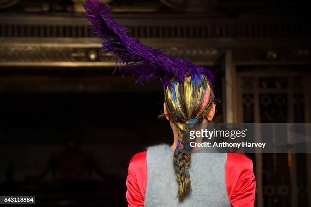 Model, detail, walks the David Ferreira runway show during the London Fashion Week February 2017 collections on February 20, 2017 in London, England.