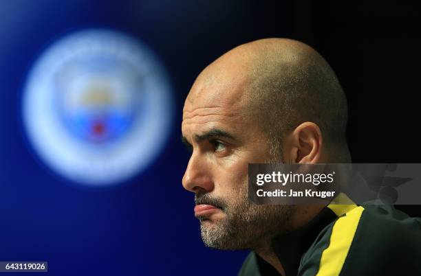 Josep Guardiola of Manchester City answers questions from the media during the Manchester City Training and Press Conference at Etihad Campus on...