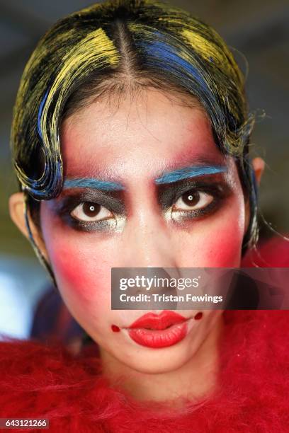 Model is seen backstage ahead of the David Ferreira show during the London Fashion Week February 2017 collections on February 20, 2017 in London,...