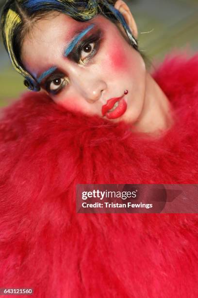 Model is seen backstage ahead of the David Ferreira show during the London Fashion Week February 2017 collections on February 20, 2017 in London,...