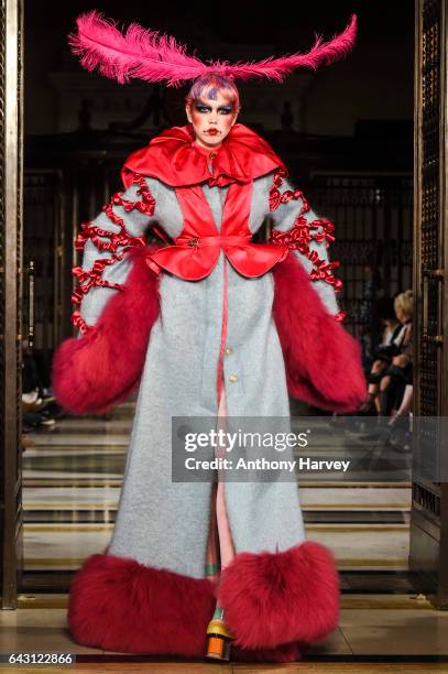 Model walks the runway at the David Ferreira show during the London Fashion Week February 2017 collections on February 20, 2017 in London, England.