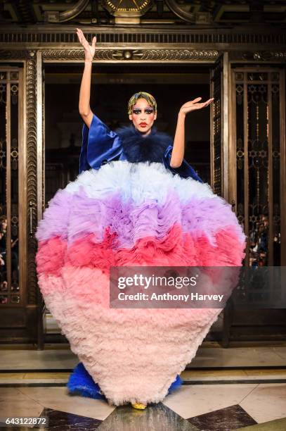 Model walks the runway at the David Ferreira show during the London Fashion Week February 2017 collections on February 20, 2017 in London, England.