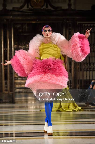 Model walks the runway at the David Ferreira show during the London Fashion Week February 2017 collections on February 20, 2017 in London, England.