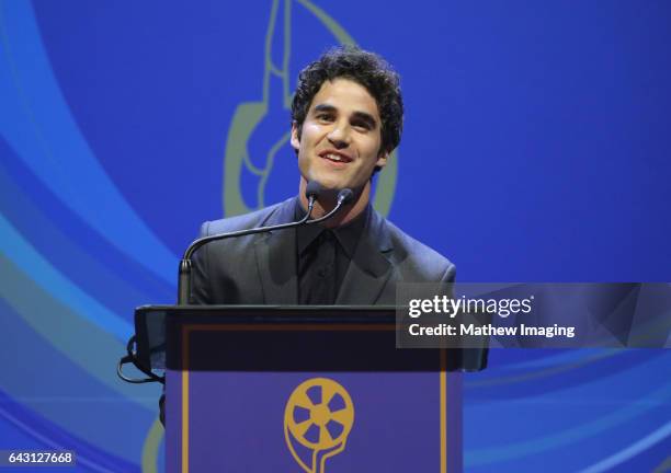 Actor/presenter Darren Criss speaks onstage at the 2017 Make-Up Artists and Hair Stylists Guild Awards at The Novo by Microsoft on February 19, 2017...