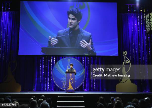 Actor/presenter Darren Criss speaks onstage at the 2017 Make-Up Artists and Hair Stylists Guild Awards at The Novo by Microsoft on February 19, 2017...