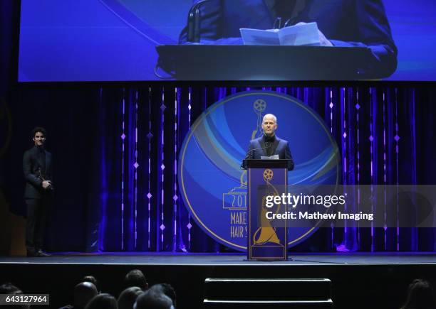 Actor Ryan Murphy, recipient of the Distinguished Artisan Award speaks onstage at the 2017 Make-Up Artists and Hair Stylists Guild Awards at The Novo...