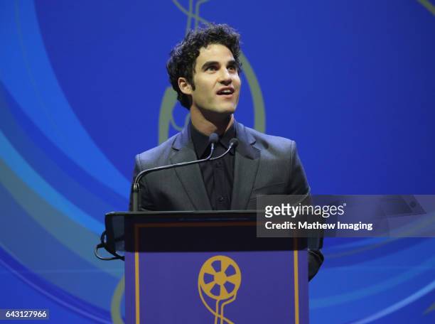 Actor/presenter Darren Criss speaks onstage at the 2017 Make-Up Artists and Hair Stylists Guild Awards at The Novo by Microsoft on February 19, 2017...