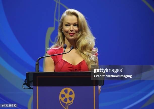 Actress/presenter Charlotte Ross speaks onstage at the 2017 Make-Up Artists and Hair Stylists Guild Awards at The Novo by Microsoft on February 19,...