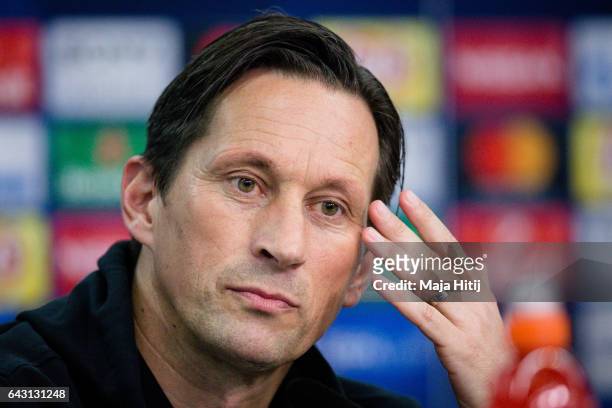 Roger Schmidt head coach of Leverkusen attends the press conference prior the UEFA Champions League Round of 16 first leg match between Bayer...