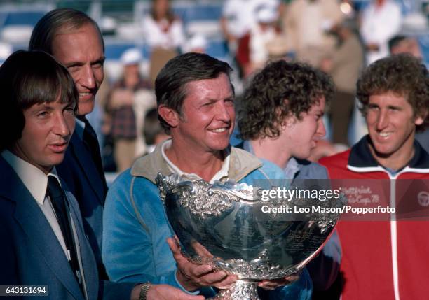 The United States Davis Cup team, left to right, Bob Lutz, Stan Smith, Tony Travert , John McEnroe and Brian Gottfried, after their victory over...