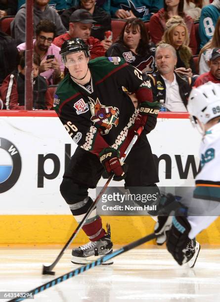 Michael Stone of the Arizona Coyotes skates with the puck against the San Jose Sharks at Gila River Arena on February 18, 2017 in Glendale, Arizona.