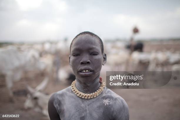 Mundari child is seen in Terekeka town of Juba, South Sudan on February 9, 2017. Munda people, a small ethnic group of South Sudan, provide their...