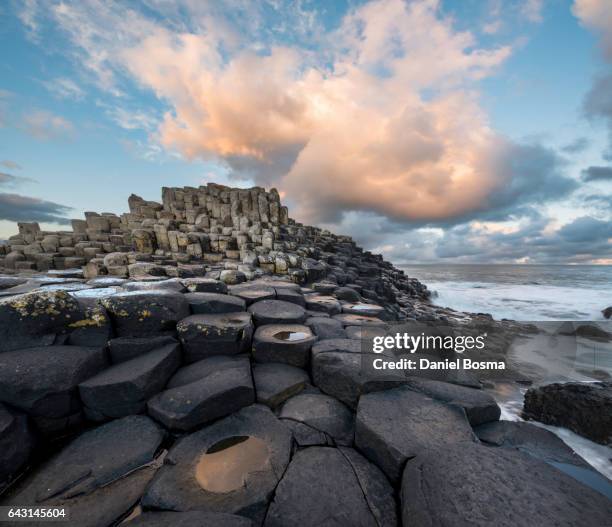 giant's causeway during sunrise in autumn - giant's causeway stock-fotos und bilder