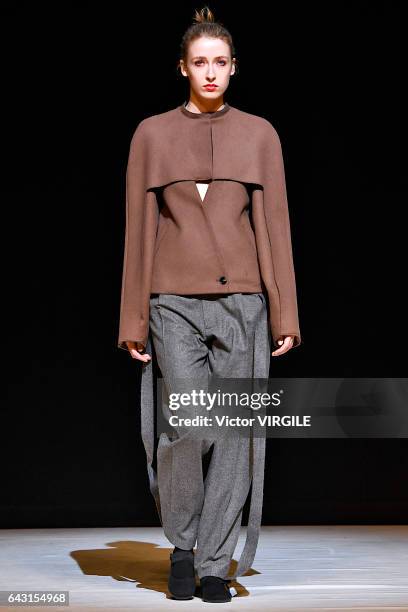 Model walks the runway at the CHALAYAN Ready to Wear Fall Winter 2017-2018 fashion show during the London Fashion Week February 2017 collections on...