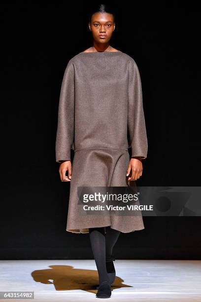 Model walks the runway at the CHALAYAN Ready to Wear Fall Winter 2017-2018 fashion show during the London Fashion Week February 2017 collections on...