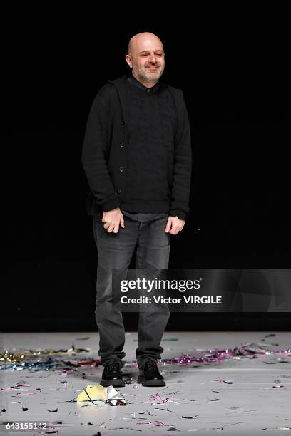 Fashion designer Hussein Chalayan walks the runway at the CHALAYAN Ready to Wear Fall Winter 2017-2018 fashion show during the London Fashion Week...