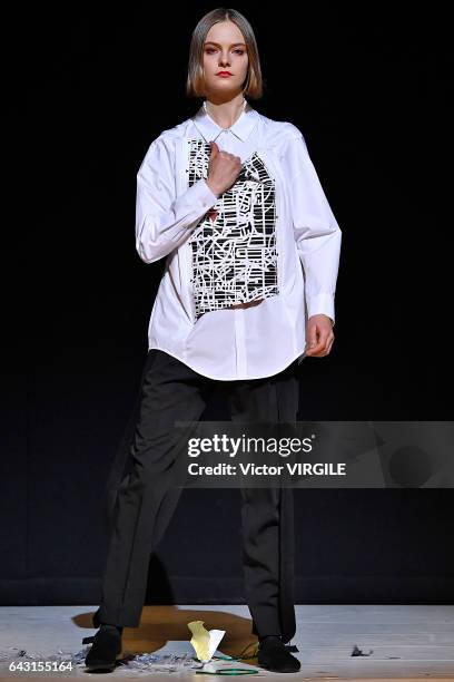 Model walks the runway at the CHALAYAN Ready to Wear Fall Winter 2017-2018 fashion show during the London Fashion Week February 2017 collections on...