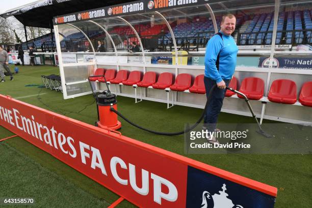 Wayne Shaw the Sutton reserve goalkeeper hovers the away dugout before the match between Sutton United and Arsenal on February 20, 2017 in Sutton,...