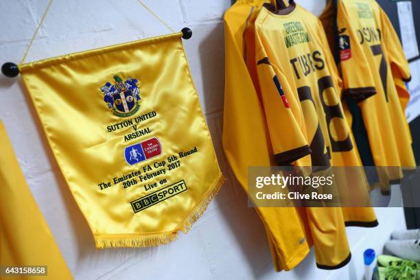 Pennant and shirts hang in the Sutton United changing room prior to The Emirates FA Cup Fifth Round match between Sutton United and Arsenal at The...