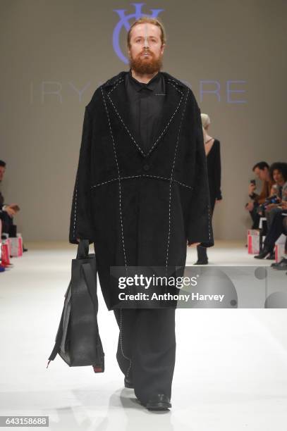 Model walks the runway at the Irynvigre show during the London Fashion Week February 2017 collections on February 20, 2017 in London, England.