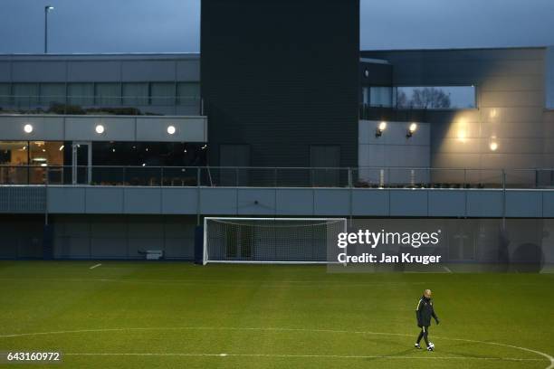 Josep Guardiola, Manager of Manchester City looks on during a Manchester City training session and press conference ahead of their UEFA Champions...