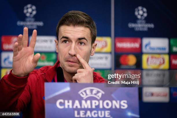 Gabi of Atletico looks on during a press conference prior the UEFA Champions League Round of 16 first leg match between Bayer Leverkusen and Club...