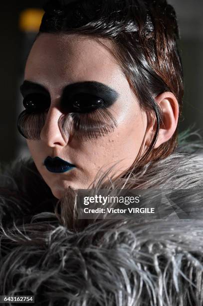 Model walks the runway at the Gareth Pugh Ready to Wear Fall Winter 2017-2018 fashion show during the London Fashion Week February 2017 collections...