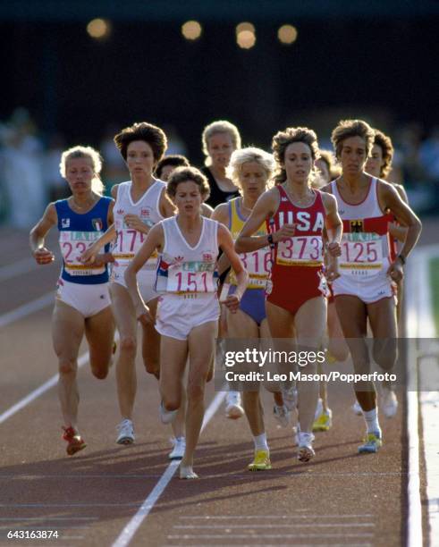 South African-born athlete Zola Budd competing for Great Britain and Mary Decker of the USA running in the women's 3000 metres final during the 1984...