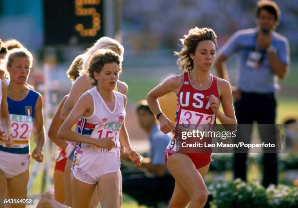 South African-born athlete Zola Budd competing for Great Britain and Mary Decker of the USA running in the Women's 3000 metres final during the 1984...