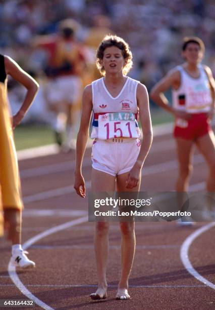 South African-born athlete Zola Budd, competing for Great Britain, after placing seventh in the final of the women's 3000 metres event at the 1984...