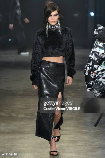 Bella Hadid walks the runway at the VERSUS designed by Donatella Versace Ready to Wear Fall Winter 2017-2018 fashion show during the London Fashion...