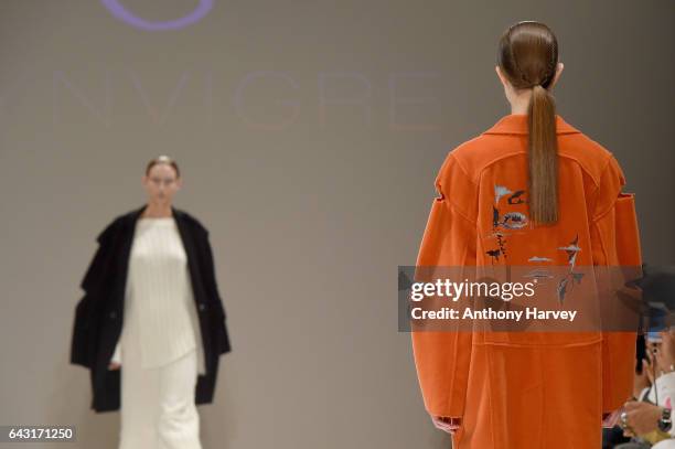 Models walk the runway at the Irynvigre show during the London Fashion Week February 2017 collections on February 20, 2017 in London, England.