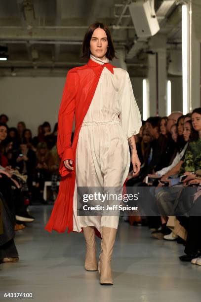 Model walks the runway at the Joseph show during the London Fashion Week February 2017 collections on February 20, 2017 in London, England.