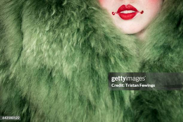 Model backstage ahead of the David Ferreira show during the London Fashion Week February 2017 collections on February 20, 2017 in London, England.
