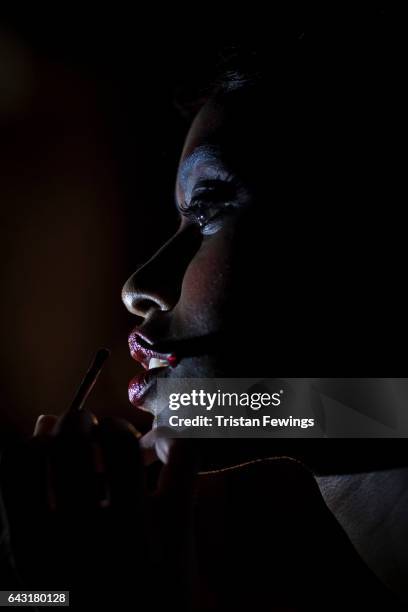 Model backstage ahead of the David Ferreira show during the London Fashion Week February 2017 collections on February 20, 2017 in London, England.