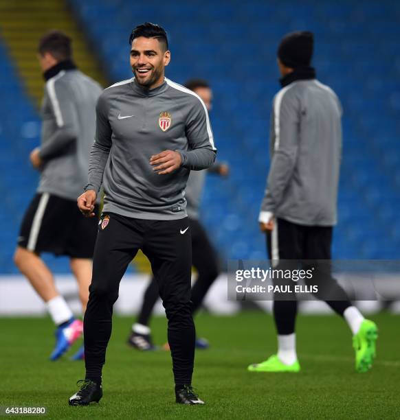 Monaco's Colombian striker Radamel Falcao takes part in a training session at the Etihad Stadium in Manchester, north west England, on February 20 on...