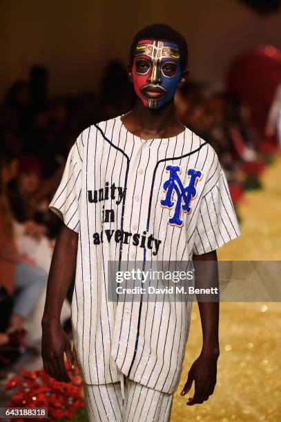 Model walks the runway at the Ashish X Major League Baseball at LFW  inspired by iconic MLB teams, including LA Dodgers, Boston Red Sox and Chicago...